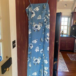 Lulu's Maxi - Feeling Elegant Slate Blue Floral Print Lace-Up Slit Maxi Dress